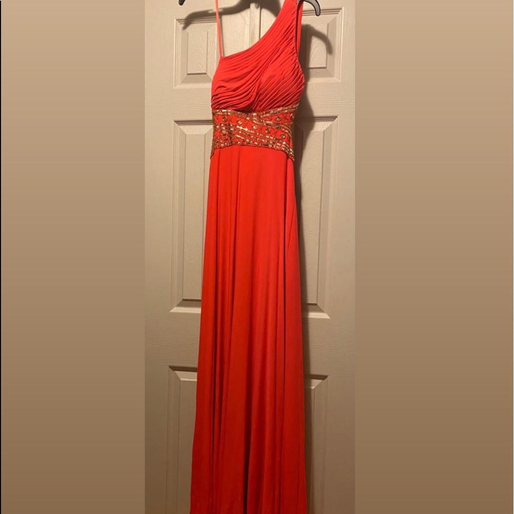 Betsy & Adam One-Shoulder Sequin Backless Gown